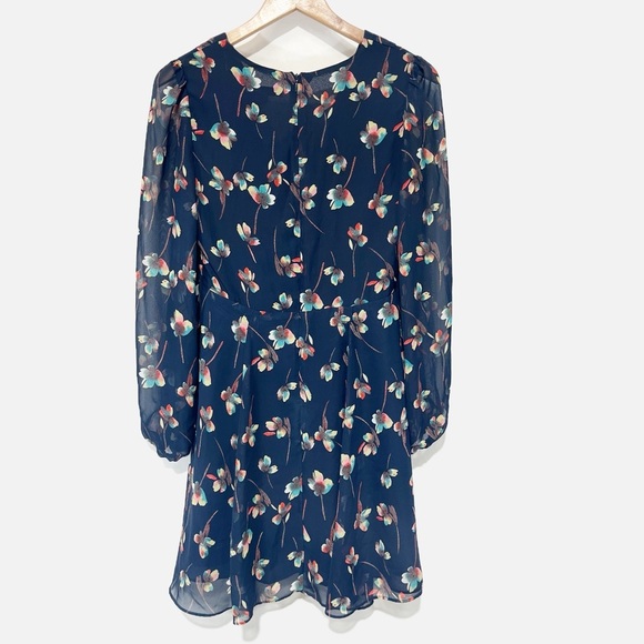 Betsey Johnson Navy Floral Mini Dress Neck Tie Sheer Long Sleeves V Neck Size 6 - Picture 2 of 13